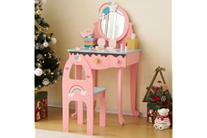 LEADZM Kinderschminktisch mit Hocker – Hochwertiger Frisiertisch aus Holz für Mädchen mit Schublade, Spiegel und 7 Make-up-Spielzeugen (Rosa)