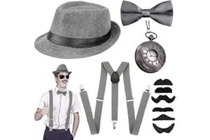 JORAKI Années 1920 Hommes Déguisements Accessoires Flapper Gangster Ensemble Great Gatsby Costume Kit Année 20 avec Chapeau Trilby Moustache Élastique Bretelles Homme Montre de Poche
