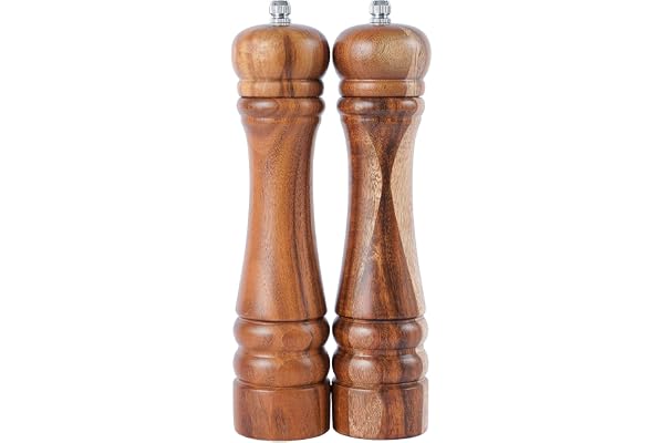 DeroTeno Moulins à sel et à poivre, Moulin à assaisonnement, Moulin en céramique durable et réglable, Bois d'acacia, Hauteur de 21 cm