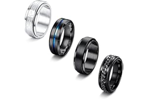 CASSIECA 4 Pcs Bague en Acier Inoxydable pour Hommes Chaîne Torsadée Bague Ensemble Ouvre Bière Anneaux Rotatif Vintage Hommes Noir Argent Bleu De Mariage Promesse Bague Taille 52-70