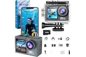 MEIION Puruxe Caméra Sport + 64gb Memory Card Caméra Sport 5K HD étanche avec WiFi, écran Double, Accessoires Inclus, qualité d'image exceptionnelle, pour Les Aventures en Plein air, vidéo 4K 60 FPS