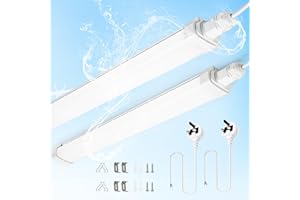 BRIGHTFLY LED Batten Light 4FT with UK Plug, 2-Pack 1.2m in Wall Light Garage Lighting IP65 Waterproof Plug in Ceiling Light for Shed Loft Workshop Office Bedroom Kitchen Tube Strip