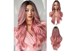 OUFEI Perruque Rose De 26 Pouces avec Racines Foncées pour Femmes Perruques Synthétiques à Fibres Naturelles Résistantes à La Chaleur Et à Longues Ondulations pour La Fête Quotidienne Et Le Cosplay
