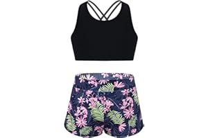 Mufeng Tankini Enfants Filles Maillots de Bain 2 Pièces Floral Bikini Halter Débardeur Haut de Bain Shorty Short de Bain Ensemble Plage Vêtements Sport D'été 4-14 Ans