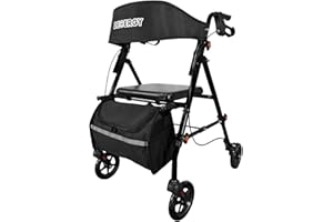 DEMERGY® Andador para Ancianos Plegable Ligero Asiento Extragrueso Respaldo, 4 Ruedas Todo Terreno, Frenos Manuales Altura Ajustable, Incluye Mochila, Ideal para Mayores Personas Movilidad Reducida