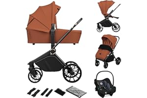 LIONELO MIKA PLUS 3 en 1 Silla de Paseo Bebe 0-48 meses a 22 kg Capazo hasta 9 kg Silla de Coche Portabebés hasta 13 kg, Respaldo Ajustable, Suspensión, Ruedas 360° Capota XXL Carrito de Bebe (Brown)