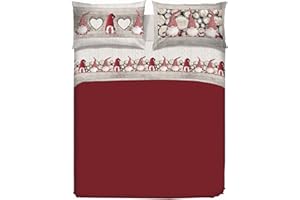PENSIERI DELICATI Completo Letto Matrimoniale 100% Cotone, Completo Lenzuola Matrimoniali 180x200 Comprensivo di Lenzuolo sotto, sopra e 2 Federe, Made in Italy, Fantasia Gnomi Rosso