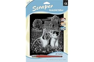 Mammut Spiel & Geschenk 80072310 136010 - Kratzbild, Motiv spielende Katzen, silber, glänzend, Komplettset mit Kratzmesser und Übungsblatt, Scraper, Scratch, Kritzel, Kratzset für Kinder ab 8 Jahre