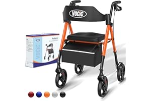VOCIC deambulatore per anziani 4 ruote,Girello in alluminio leggero con seduta,Rollator pieghevole per alle terrenne, Altezza sedile regolabile,Per esterno e interno,Arancia | 5 anni di garanzia
