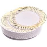 MATANA 20 White Plastic Dessert Plates with Gold Edge, 18 cm - Elegant and Reusable - Desserts, Starters, Appetizers - Weddin
