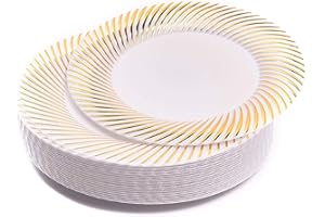 MATANA 20 białych plastikowych talerzy deserowych premium ze złotą krawędzią, 18 cm, eleganckie i wielokrotnego użytku, małe talerze boczne, talerze startowe na wesela, urodziny, piknik, grill,