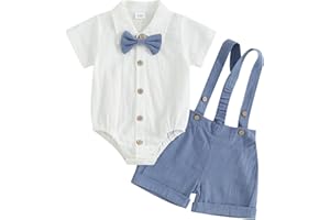 Geagodelia Tenue Gentleman Bébé Garçon de 2 Pièces, Body Chemise à Manches Courtes + Shorts à Bretelles, Ensemble Gentleman Baptême Mariage Cérémonie