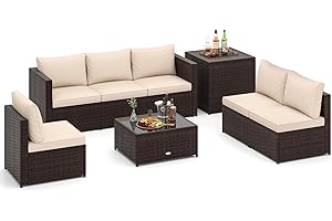 COSTWAY 8 PCS Garden Rattan Furniture Set, Corner Patio Conversation Sofa Set with Tempered Glass Coffee Table, Storage Box and Cushions, Wicker Outdoor Table and Chairs for Balcony Yard Porch