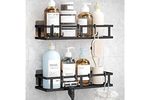 Wisfame Duschablage Ohne Bohren 2 Stück, Schwarz Badezimmer Organizer Duschregal Ohne Bohren, Edelstahl Badregal Shampoo Halterung für Dusche mit 8 Haken