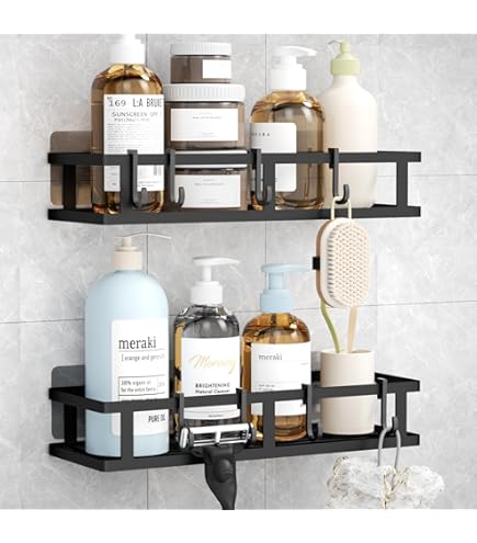 ANRUI Doucheplank zonder boren, 2 stuks, wandmontage, van kunststof, badkamerrek organizer shampoo, douchegelhouder voor douche, douchemand zonder boren, wit, voor badkamer, keuken, kleine mand