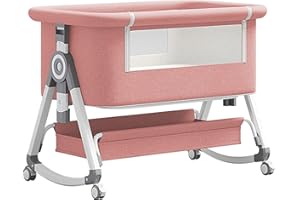 YAZOCO Cuna 3 en 1, Cuna de colecho, Crib Mecedora, Ajuste de Altura e inclinación del colchón, 4 Ruedas con Freno, Colchón Ergonómico (Rosa)