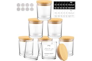 CONNOO 8 Pack 14 OZ Clear Glass Candle Jars with Bamboo Lids for Making Candles, Large Size Empty Candle Tins with Sticky Labels - Leakproof & Dishwasher Safe.