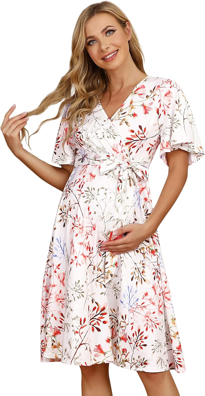 KOJOOIN Womens Maternity Dress Nursing Dresses Pregnancy Dress Breastfeeding Dress 3/4 Sleeve A-Line V-Neck Dress