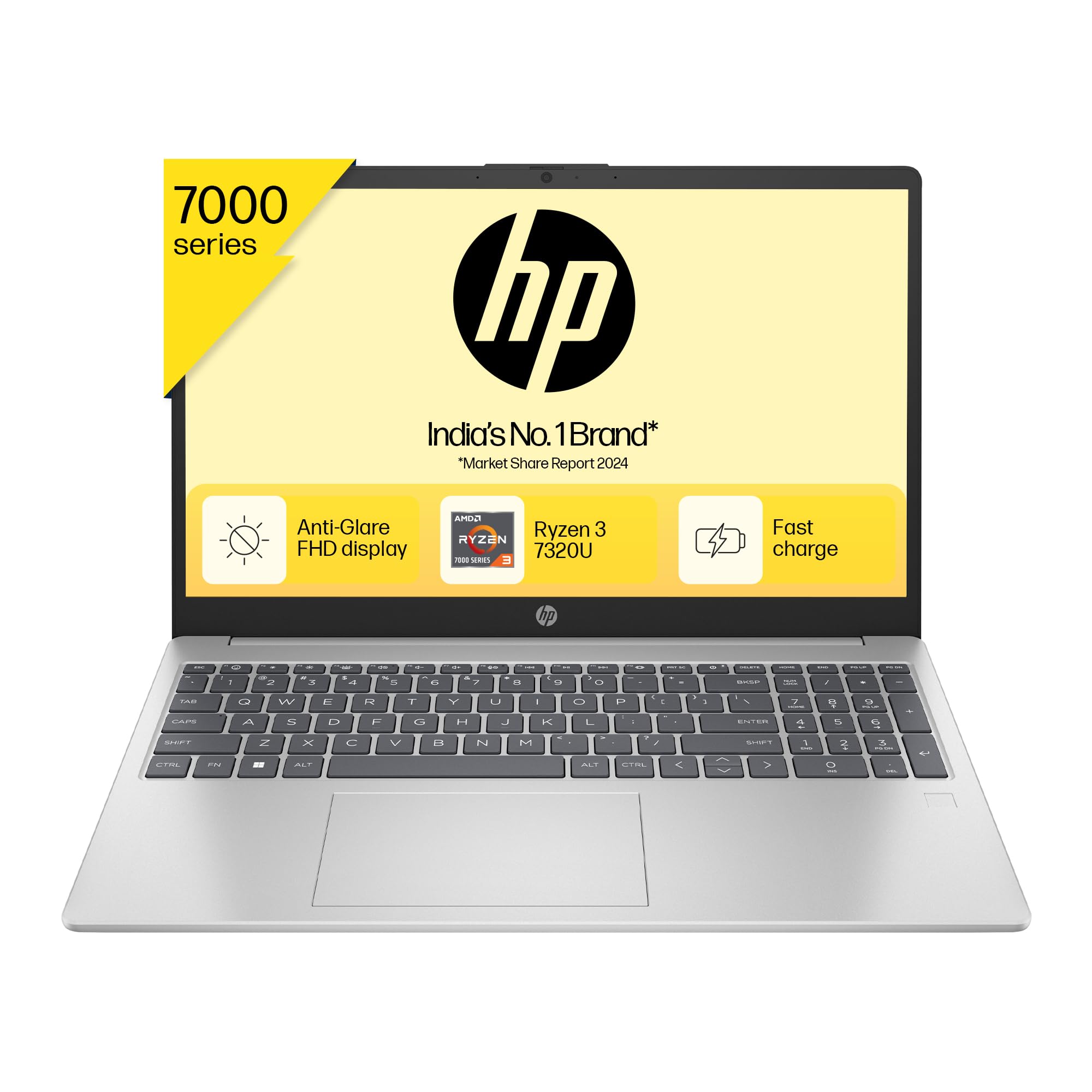 HP 15, AMD Ryzen 3 7320U, 8GB LPDDR5, 512GB SSD, Anti-Glare, Micro-Edge, 15.6-inch (39.6 cm), FHD, AMD Radeon Graphics, 1080p HD Camera, (Win 11, Silver, 1.59 kg), fc0154AU