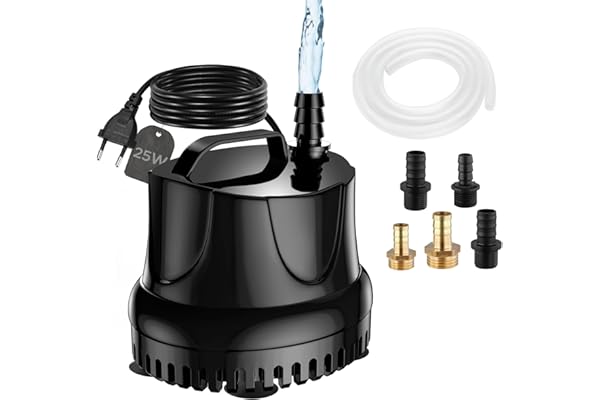 Lnicez Pompe à Eau Submersible 25W, 1500 L/H Pompe à Eau Ultra Silencieuse Pompe de Bassin Submersible pour Bassin, Fontaine de Jardin Aquarium avec 5 Buses 1.5M Tuyau Flexible Transparent