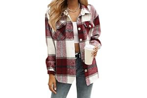Timuspo Damska flanelowa kurtka koszulowa w kratkę, długie rękawy, bawełna, klapa guzikowa, płaszcz