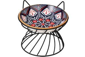 AHX Raised Ceramic Cat Food Bowl - Elevated Cat Dish with Anti Slip Stand - Wide Shallow Cat Bowl Whisker Friendly - Cute Cat Plate - Cat Feeding Bowls - Microwave and Dishwasher Safe - 8.5 oz - 5.75 inch