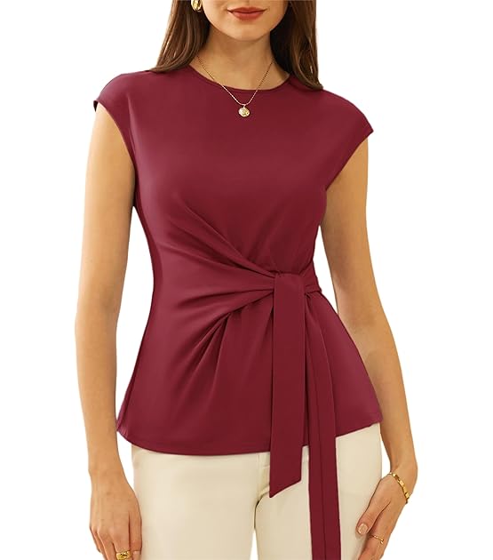 Damen Bluse Slim Fit Tunika Elegant Flügelärmel Wickelbluse Rundhalsausschnitt Oberteile mit Tailleband Casual Top für Kleid