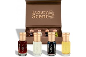 LUXURY SCENT Perfume Oil Roll On Gift Set 4×6ml – Alcohol Free Long Lasting Fragrance Oils with Arabian Oud, Patchouli, White Musk Tahara & Golden Dust – Vegan, Cruelty Free, Unisex Perfume Collection