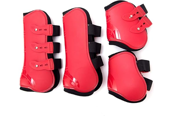 Merauno® Lot de 4 guêtres de Protection Fetlock pour Chevaux - Protection Contre Les sauts de Chevaux Avant et arrière - Robuste - Élastique - en néoprène - Fermeture à Boutons (L(WB) - Rouge