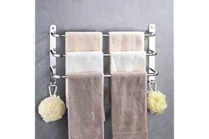 HONPHIER® Towel Rail Chrome 3-Tier Bath Towel Rack with Hooks SUS 304 Stainless Steel Wall Mounted Towel Holder Towel Bar Rail for Kitchen Bathroom Toilet Hotel Office