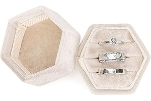 WantGor Velvet Jewelry Ring Box, 3 Slots Hexagon Ring Gift Box Vintage Ring Display Holder Case for Wedding Ceremony Proposal Engagement (Beige)