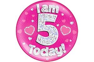 OAKTREE UK 633063 6" Jumbo Badge I am 5 Today Pink Holographic Dot