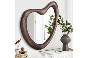 HLFMVWE Asymmetrical Accent Mirror for Wall Irregular Wood Frame Modern Unique Wall Mirror Decorative Vanity Bathroom Living Room Bedroom Entryway Hallway Artistic Wavy Mirror Large 50 x 40cm Rustic Brown