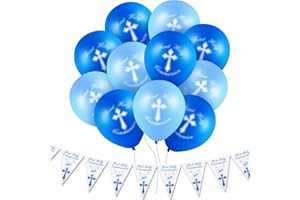 Gejoy First Communion Decorations Set, Includes 20 Pieces First Holy Communion Balloons and First Communion Themed Bunting Banner for Birthday Party (Blue)