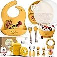 O'doe 17-Piece Baby Led Weaning Feeding Supplies for Toddlers, Baby Feeding Set | Suction Silicone Baby Bowl Self Eating Utensils with Spoons, Cup, Bibs, Food Plate Kit with Lid |Yellow V2