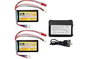 BLLRC 2PCS 7.4V 2S 50C 800mAh Batería de Litio + JST+Enchufe PH2.0 + Cargador 2 en 1 para SCX24, Compatible con la mayoría de los vehículos RC y Drones en Proporciones 1/10, 1/16, 1/18 ， 1/24