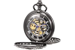 TREEWETO Reloj de Bolsillo mecánico para Hombre, diseño de dragón de ensueño, Esqueleto Medio Cazador, Doble Apertura, Color Plateado, Bronce, Caja Negra para Hombre