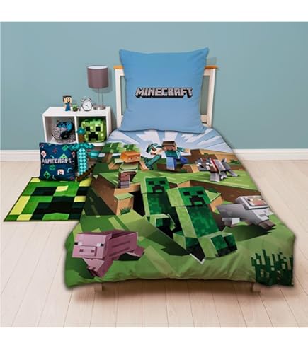 Minecraft Bettwäsche 135x200 80x80 cm – Offiziell lizenziert, 100% Baumwolle, Öko-Tex Zertifiziert, Reißverschluss – Kuschelig & Atmungsaktiv für Kinder