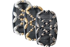 BCBF Lot de 3 Peignes de Cheveux Perles,Pinces à Cheveux Élastiques Magiques avec perles en bois - Brosse à cheveux élastique pour femmes et filles