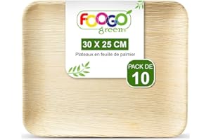 FOOGO Green 10 Plateaux de Service Jetables Feuille de Palmier, Grand 30x25 cm, Pizza, Entrées, Canapés, Planche Charcuterie, Robuste et Ecologique, Comme Plateaux en Bois, pour Plats Chauds