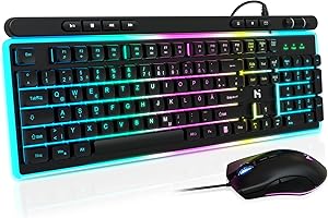 HLONONE Gaming Tastatur und Maus Set, Regenbogen LED Hintergrundbeleuchtung, USB Verkabelt, Ergonomische Tastatur für PC Gamer und Büro, QWERTZ DE Layout -Schwarz