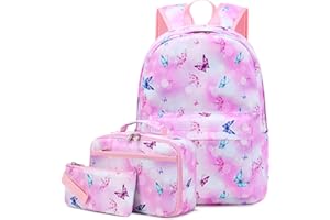 Vanwilit School Backpack Kids Backpack Water Resistant Lightweight Primary School Bag Set with Lunch Bag & Pencil Case 3 in 1 Kids Bookbag Casual Rucksack (Pink Butterfly)