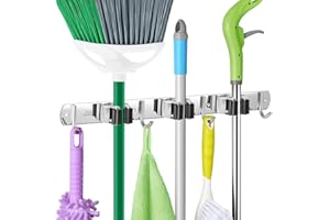 ibell Portascopa e Portaspazzole Da Muro, Portascope da Muro Appendi in Acciaio Inossidabile con 3 Posti e 4 Ganci, Supporto Parete Autoadesivo per Scopa e Porta Utensili per Giardino, Garage
