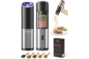 SANGCON-EP Sangcon Salz und PfefferMühle Elektrisch Set, Automatisch Schwerkraftsensor, Keramikmahlwerk, Mahlgrad Einstellbar Fein bis Grob, LED Licht, Batteriebetrieben, Gewürzmühlen, Edelstahl (Set/Schwarz)