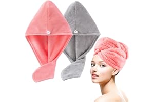 Lumimi Bath Pre Dry Hair Towel 2 Pack Quick Dry Hair Super Absorbent Lightweight Turban with Button Hair Drying Wrap Shower Wellness, Red Grey