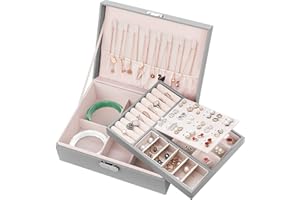 Mamowla Jewellery Box for Women, Jewellery Boxes 2 layers Jewelry Storage Organiser for Necklace Earrings Bracelets Rings, Large PU Leather Jewelry Storage Case for Girls and Women, Grey