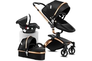 Reenborn Cuir PU Poussette 3 en 1, Poussette Bebe avec Siège Réglable Rotation à 360°, Pousette avec Cadre Aluminium Haute Paysage, Pousette 3 en 1 avec Conception Pliable en Un Clic (906 Black)