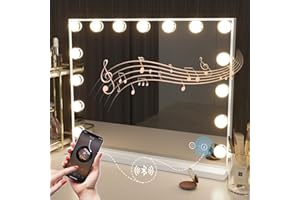 ‎HANSONG Hansong Großer Hollywood Spiegel mit Beleuchtung und Musik Lautsprecher, 15 dimmbare LED-Lampen, Beleuchteter Schminkspiegel mit USB-Ladeanschluss Hollywood Schminkspiegel