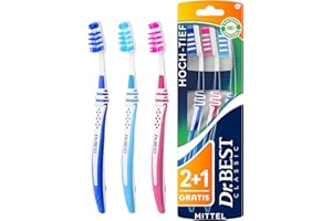 Dr.BEST Cepillo de dientes alto y profundo, medio, paquete económico (2 + 1 unidades gratis). Las filas más cortas limpian la superficie de los dientes, las más largas están especialmente diseñadas