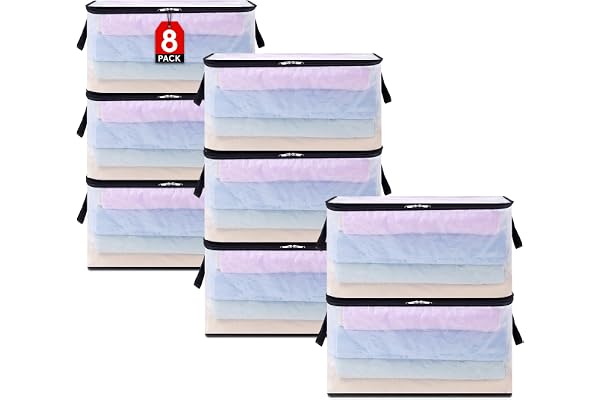 Lifewit Set med 8 genomskinliga klädförvaringspåsar 60L, PP-förvaringsväska, hopfällbar förvaringslåda med handtag, påslakan